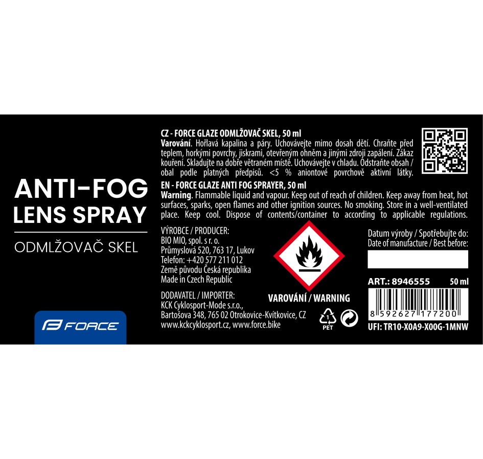 anti fog sprayer FORCE GLAZE for lens, 50 ml
