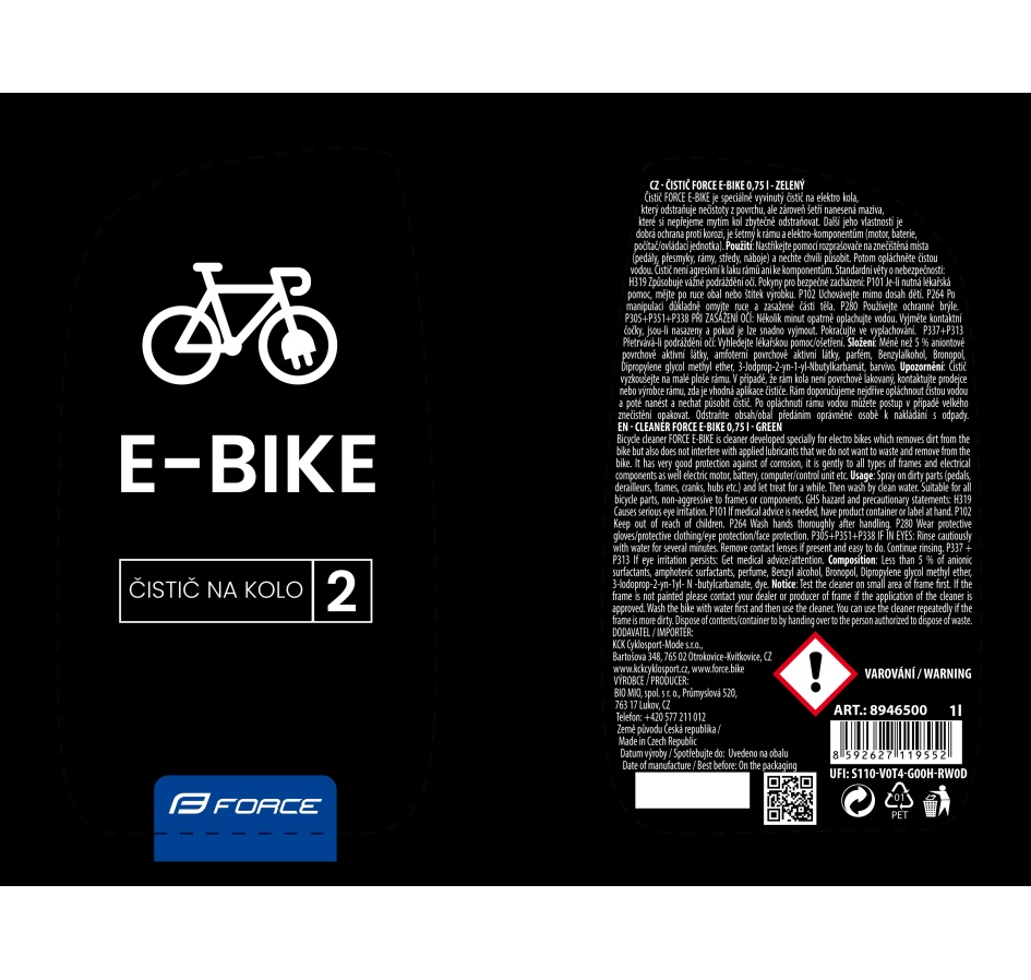 čistič FORCE E-BIKE rozprašovač 0,75 l - zelený