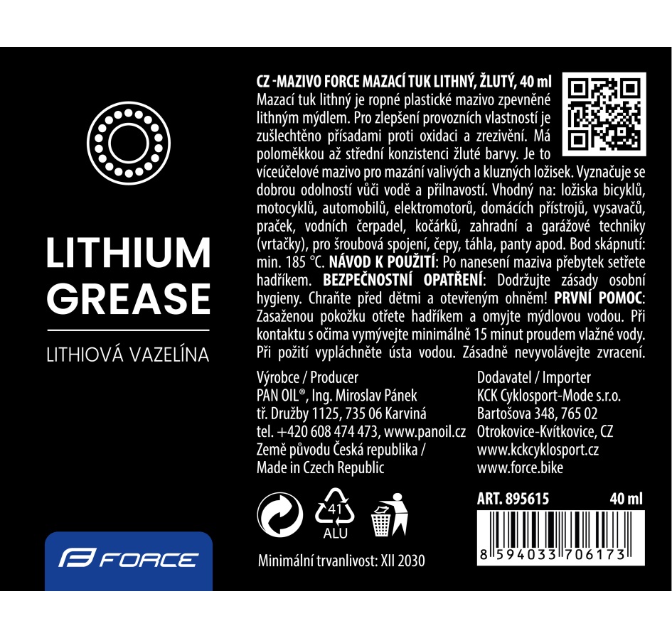 mazivo-tuba FORCE mazací tuk litný, žlutý, 40ml